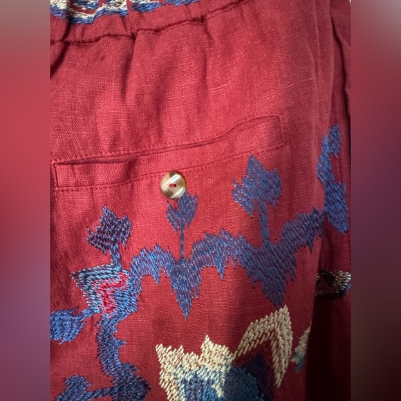 Red Floral Embroidery Jacquard Pants 💯 linen NWT - Picture 11 of 12